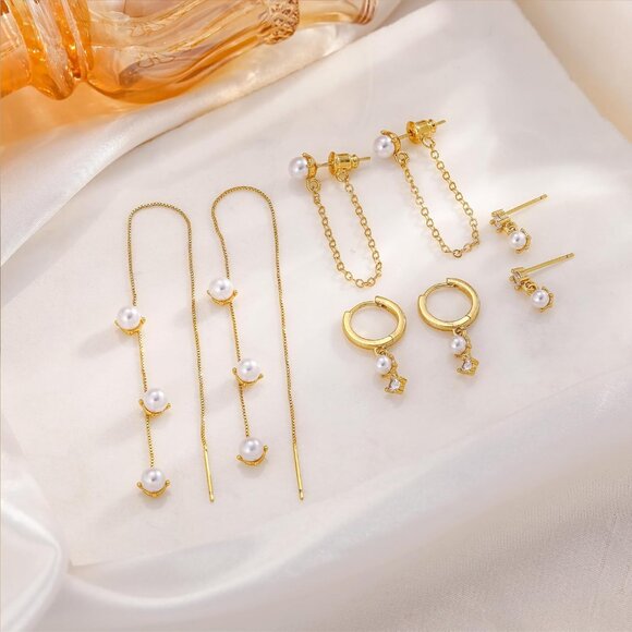 Dainty Hypoallergenic 14K Gold Plated Small Drop Chain Hoops Trendy Earring Set - Picture 6 of 7